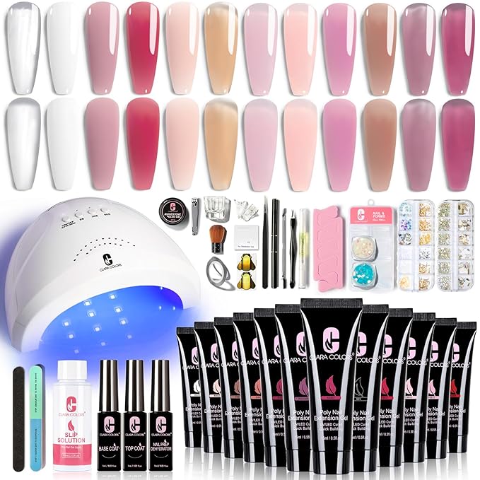 Clara Colors Poly Gel Nail Kit, 12 Colors Clear Jelly Nude Pink Poly Extension Gel Nail Kit All In One Polygel Nail Kit Starter Kit with Slip Solution and Tools for Nail Art DIY with Everything