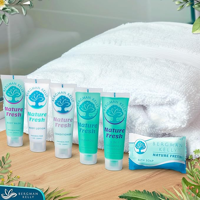 BERGMAN KELLY Hotel Toiletries Bundle (Nature Fresh, 1 oz each, 200 Pieces) 4-Piece Set: 50 Rectangular Bar Soap, 50 Shampoo, 50 Conditioner & 50 Body Lotion - Bulk Mini Guest Amenities