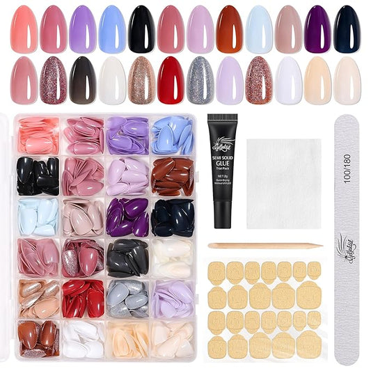 Press on Nails Kit 576 Pcs 24 Colors, Short Almond Glossy French Glitter Color Nail Tips With Nail Glue & Nail Tabs Stickers,Natural Fit Lightweight Nail Art for Women Girls