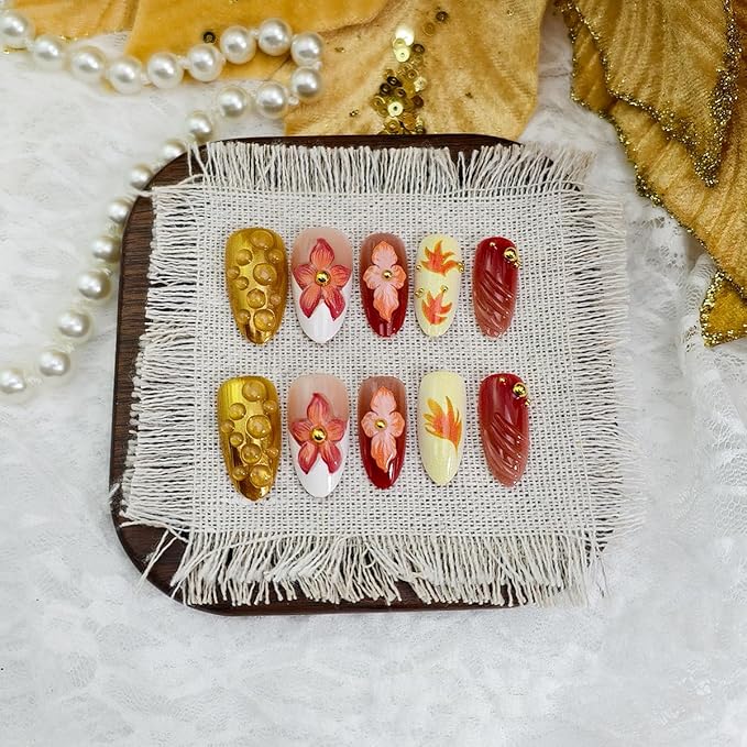 30Pcs Autumn Press on Nails Almond Medium Fake Nail Fall Flower Maple Leaf Acrylic Nails 3D Handmade Gilding French Tip Glue on Nails Rhinestones Beads Full Cover Thanksgiving False Nail for Women