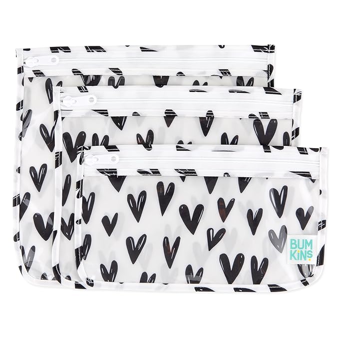 Bumkins Travel Bag, Toiletry, TSA Approved Pouch, Zip Bag, Quart Size Airline Compliant, Clear-Sided, Baby, Diaper Bag Organization, Makeup, Accessories, Packing, Set of 3 Sizes, Black Hearts