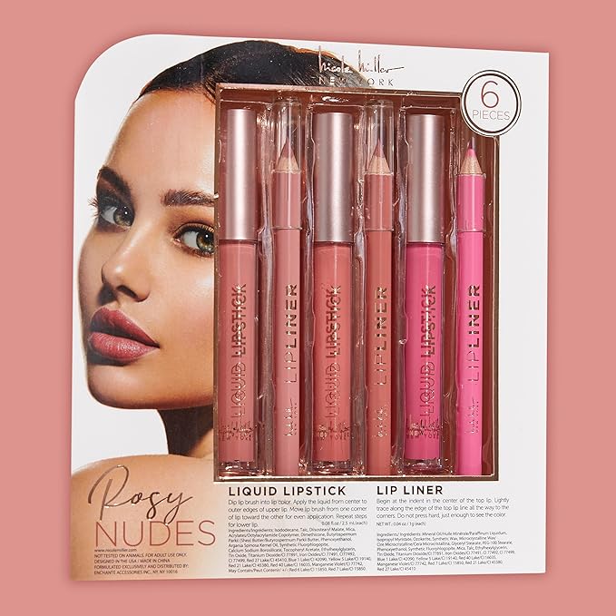 Nicole Miller Rosy Nudes Lip Collection | 6 Piece Set | 3 Luxurious Lip Liners & 3 Liquid Lip Sticks in Light Rose, Rosy Mauve, and Deep Peach