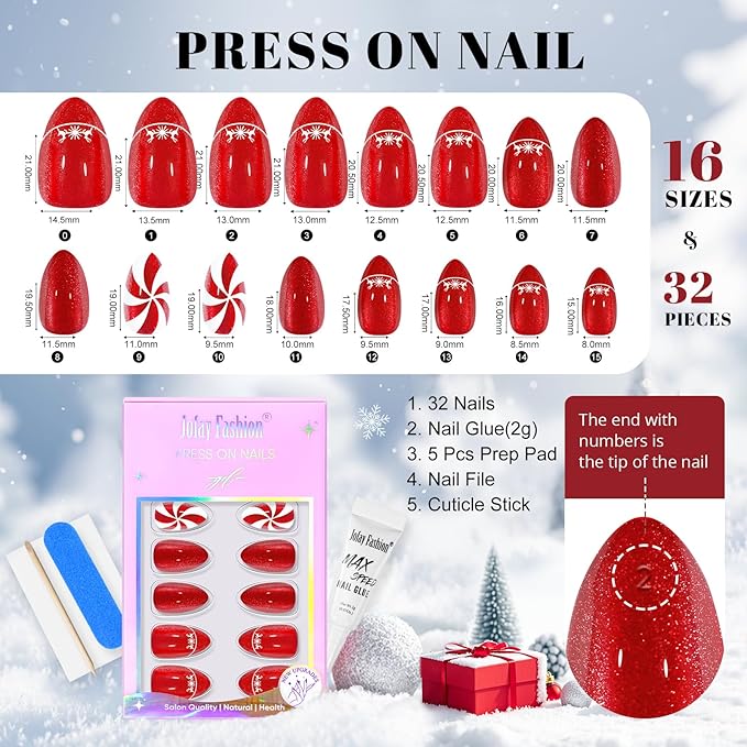 Christmas Press On Nails Almond - Jofay Fashion Red Cat Eye Press On Nails, Candy Elk Stick On Nails with Glue, Glossy Reusable Acrylic Artificia Nail Tips in 16 Sizes - 32 Soft Gel Fake Nails Kit