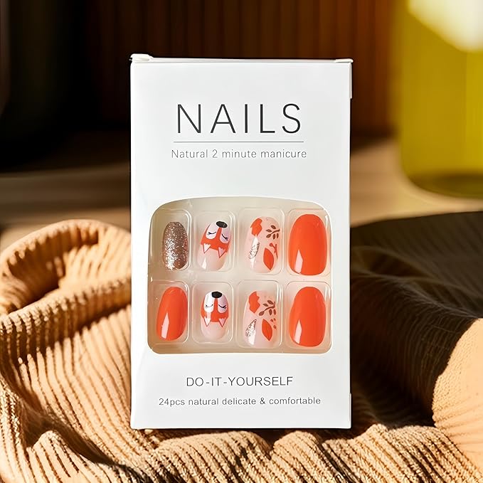 24Pcs Autumn Fallen Leaves Press on Nails Short Oval Thanksgiving Fake Nails with Fox French Design Orange Stick on Nails Fall Rose Gold Glitter Full Cover Glue on Nail Glossy Acrylic Nails for Women