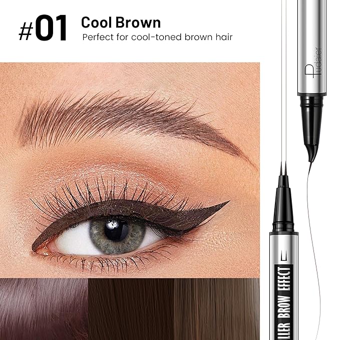 Pudaier 2 Pack 2 Fine Tip Eyebrow Pen, Waterproof Filling Faux Brow Makeup Pencils for Women with Precise Curved Brush-Tip to Fast Create Natural Hair-Like Brows, Last All-Day (Cool Brown)