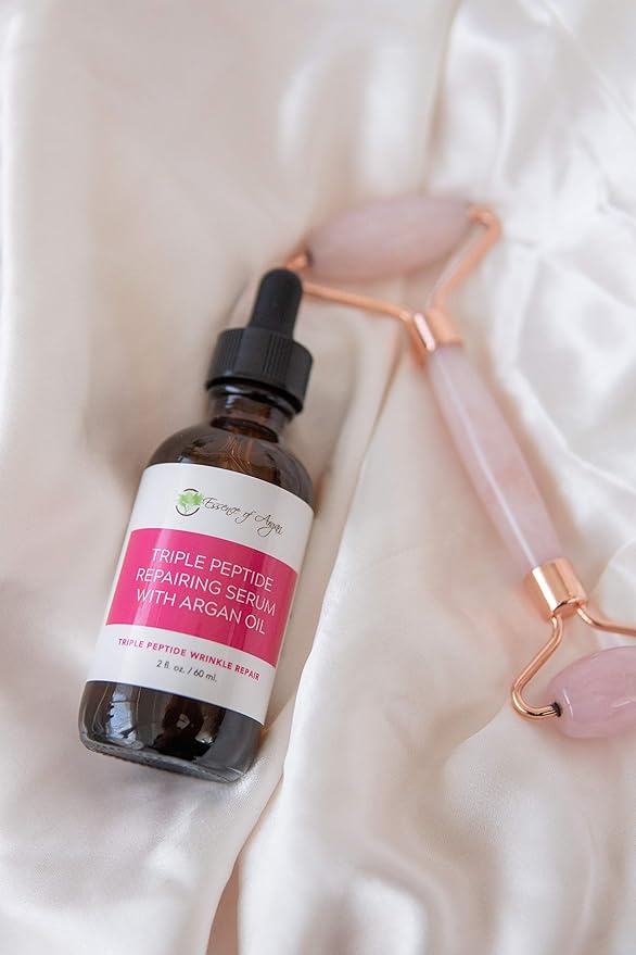 Essence of Argan Triple Peptide Serum for Face with Argan Oil, Aloe Vera, Chamomile, Green Tea and Olive Oil - For Deep Moisturizing and Glowing Skin - 2fl.oz/60ml