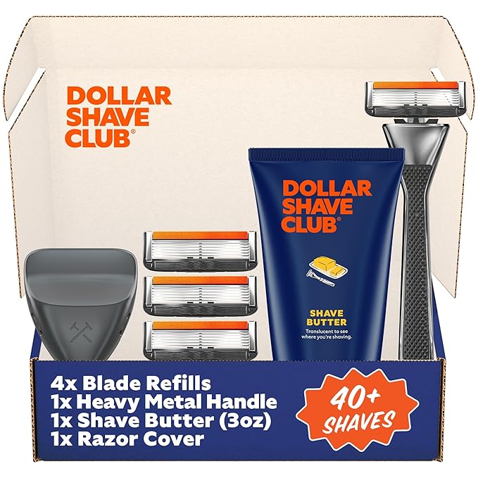 Dollar Shave Club | The VIP Shave Set | 4 Extra Close Refill Cartridges, 1 Heavy Metal Handle, 1 Shave Butter 3 ounce, 1 Razor Cover, Razors for Men
