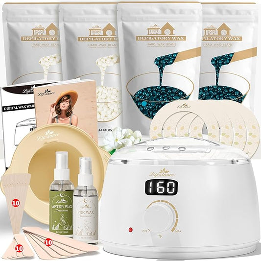 Lifestance Waxing Kit for Women & Men - L3 Digital Warmer, Silicone Wax Pot Liner, Hair Removal Kit with 4 Hard Wax Beads (14.1oz) & 45 Accessories, Professional for Brazilian, Bikini, Face, Leg, Body
