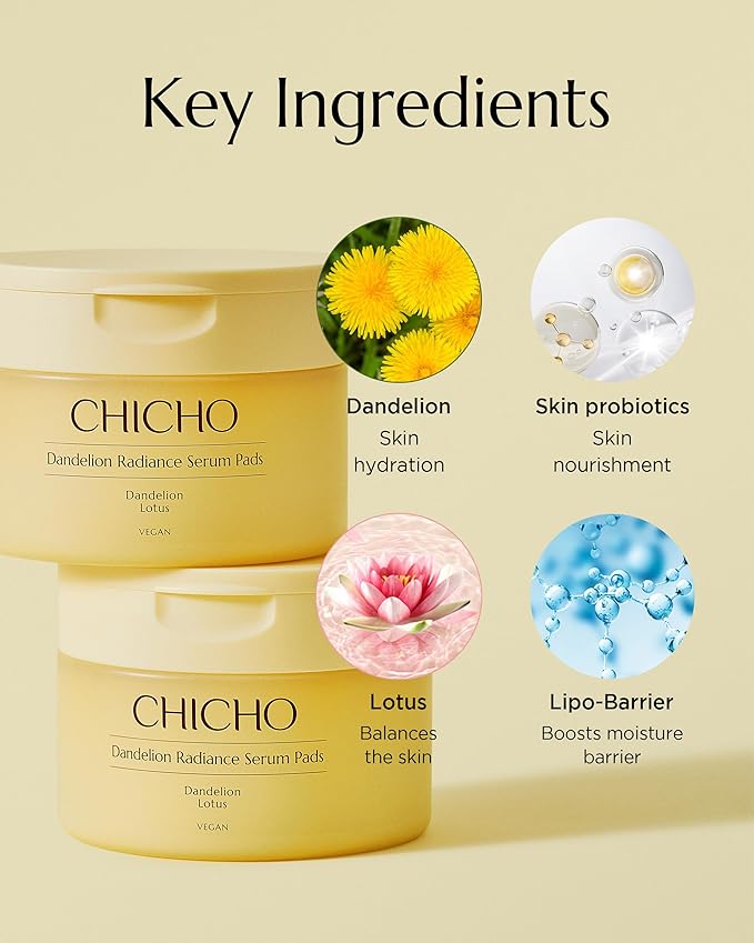 CHICHO Dandelion Radiance Serum Pads 80.2% Dandelion Biome Lotus Extract - Vegan Toner Pad for Radiant Skin - Natural Origin Fabric Sensitive Skin, Korean Skincare, 90 Pads