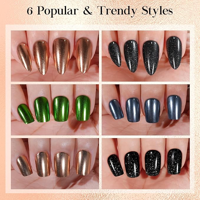 Chrome Press on Nails Short 6 Styles, Jofay Fashion 144Pcs Salon-Like Mirror Metal Stiletto Fake Nails with Glue, Glitter Artificial Acrylic False Nails for Party, Glue on Nails Press Ons in 12 Sizes