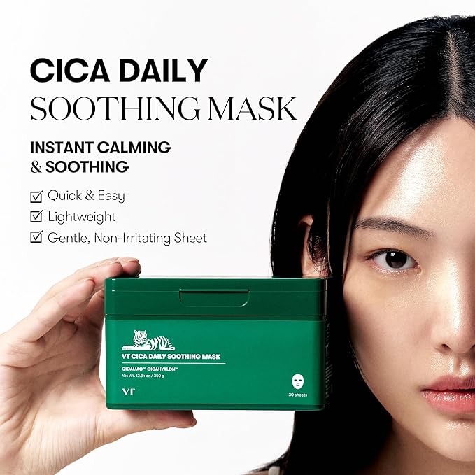 VT COSMETICS CICA Daily Soothing Mask 30 Sheets, Centella Asiatica & Hyaluronic Acid for Moisturizing & Hydrating, Instant Calm & Glow, Skin Softening Facial Mask, Korean Face Mask