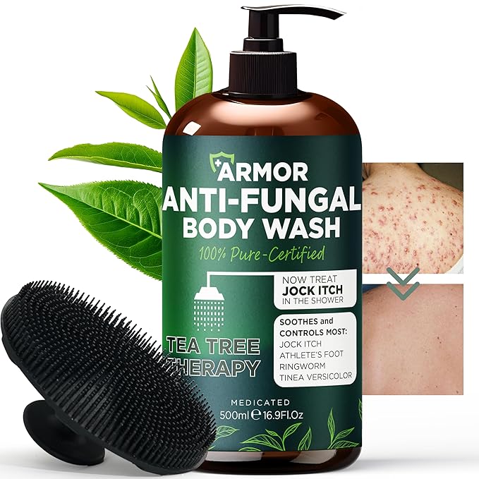 Antifungal Body Wash with Tea Tree Oil | Antibacterial Soap for Back Acne,Treats Ringworm, Eczema & Jock Itch | Antibacterial Body Soap For Men And Women | Includes Silicon Scrubber (16.9 oz)