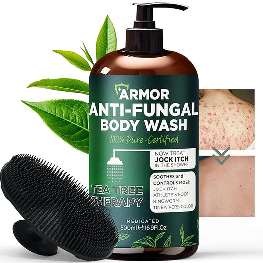Antifungal Body Wash with Tea Tree Oil | Antibacterial Soap for Back Acne,Treats Ringworm, Eczema & Jock Itch | Antibacterial Body Soap For Men And Women | Includes Silicon Scrubber (16.9 oz)