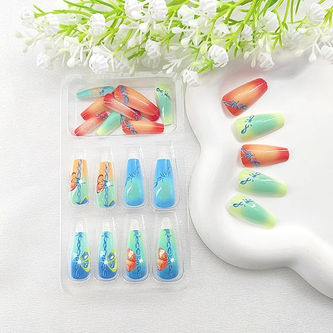 Thanksgiving Press on Nails Coffin Medium False Nails Color Glue on Nails with Butterfly Patterns Blooming Designs Fall Nails Press ons Glossy Artificial Fake Nails for Girls and Women 24Pcs