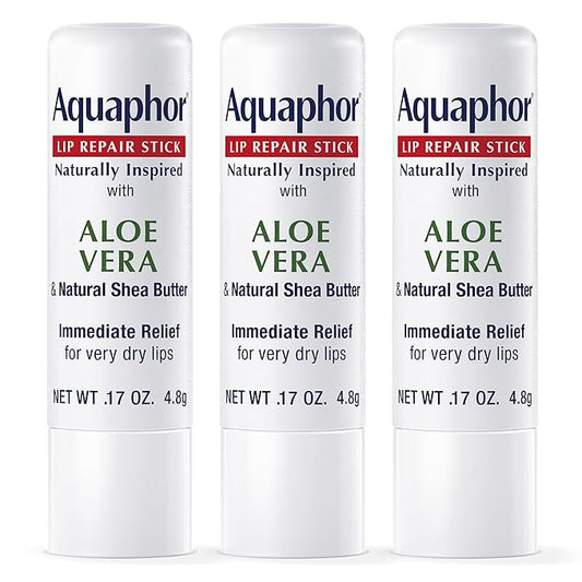 Aquaphor Naturally Inspired Lip Repair Stick with Aloe Vera and Natural Shea Butter, Hydrating Lip Balm Stick Immediately Relieves Dryness and Soothes Chapped Lips, 0.17 Oz Stick, Pack of 3