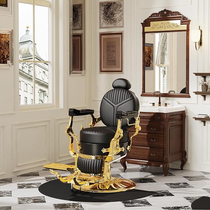 Baasha Elegant Black & Gold Barber Chair, Reclining Salon Chair with Plush Cushion & Adjustable Headrest, Heavy-Duty Structure for Tattoo & Hair Studios, 550 lbs