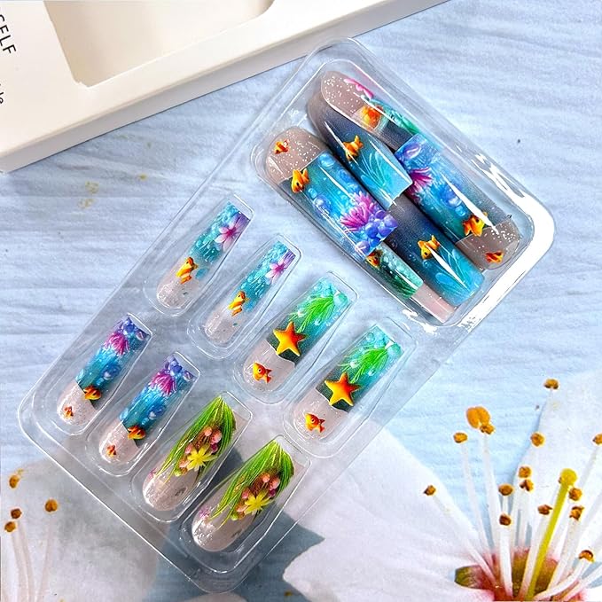 Press on Nails Long Square Blue Ocean Acrylic False Nail Starfish Flower and Fish Pattern Design Full Cover Glossy Artificial Fingernails Square Stick on Nail Reusable Glue on Nails for Women 24Pcs