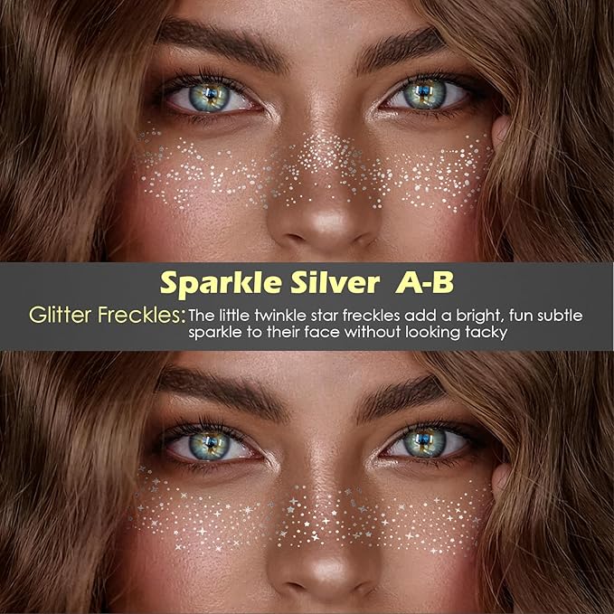12 Sheets Silver Glitter Freckles Face Tattoo, Face Glitter Makeup Patches, Glow Up Freckle Makeup Patches Cosmetic Glitter for Face