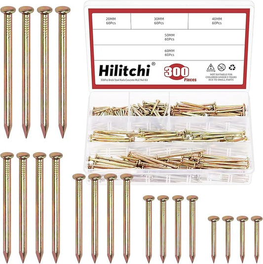 Hilitchi 301PCS 5 Sizes Brick Steel Nails Assortment Kit 0.78" 1.2" 1.58" 2" 2.36" Galvanized Concrete Wall Nail Cement Nails for Concrete Brick Drywall (Colorful)