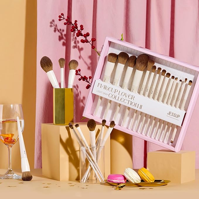 Jessup Makeup Brushes 14Pcs Makeup Brush Set Premium Synthetic Powder Foundation Contour Blush Concealer Eye Shadow Blending Liner Make Up Brush Kit Light Grey with Gift Box, T329-G