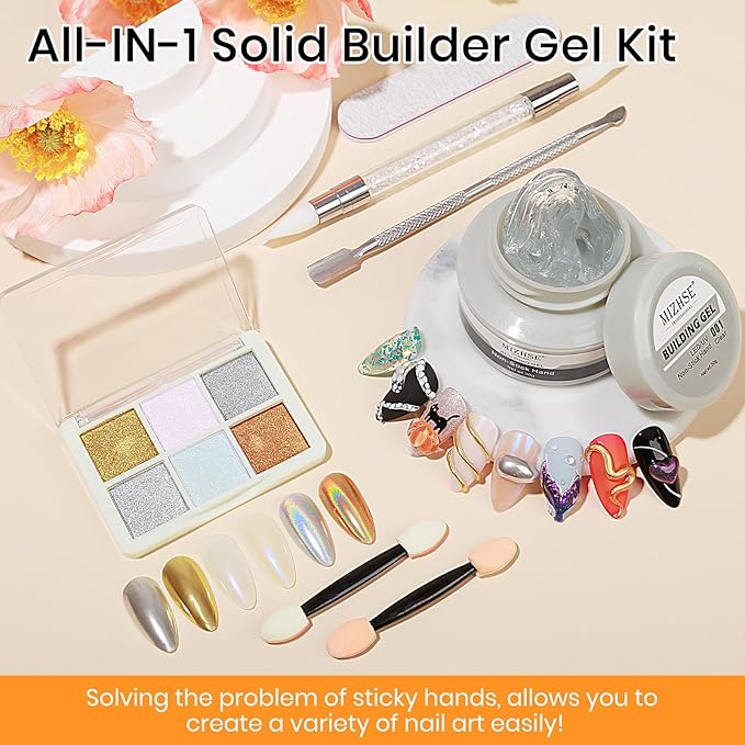 MIZHSE Solid Builder Gel - 1 oz Clear Non Stick Hand Hard Gel with 6 Colors Chrome Nail Powder and Nail Form Extension Kit for Salon and Home DIY
