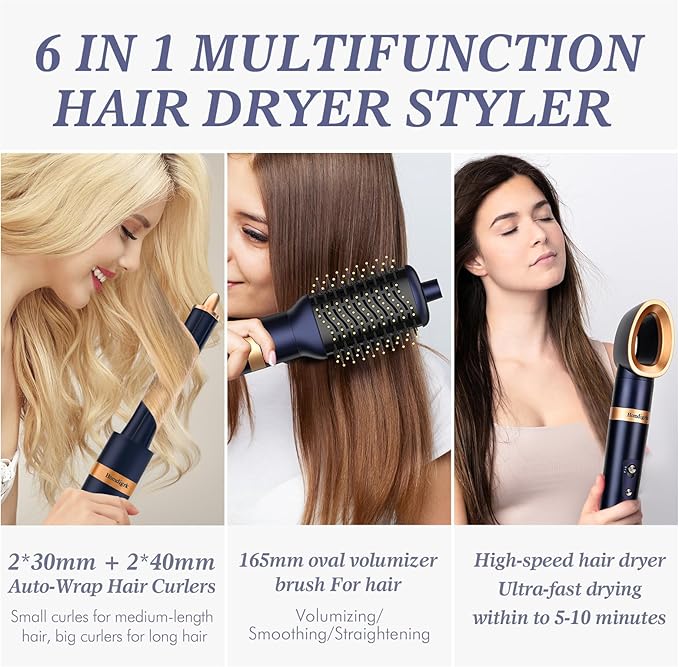 6-in-1 Hair Dryer Brush & Curling Iron Set, Hot Air Styler Hair Curler for Fast Drying, Smoothing & Volumizing, No Heat Damage, Professional Blowout Tool with Travel Case - Prussian Blue