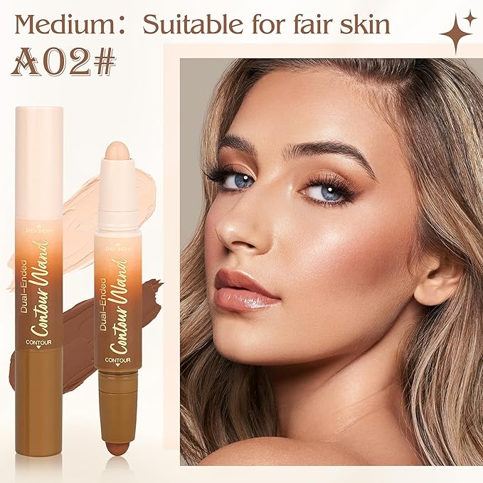 Contour Highlighter Stick，2-in-1 Dual-Ended Cream Bronzer & Highlighter Sticks Pen for Face Body Contouring Makeup- Buildable，Waterproof, Easy to Apply Suitable for Beginners，02Nude + Light Beige