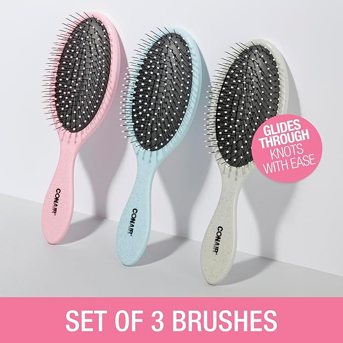Conair Detangling Hair Brush Set 3 Pack, For Wet, Dry and All Hair Types, Detangling Brushes for Women, Glitter Silver, Blue, Pink