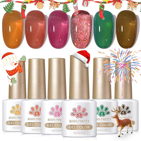 Born Pretty Jelly Gel Nail Polish Christmas Fall Winter Crystal Transparent Sheer Clear Gel Polish Red Coral Burnt Orange Green Grey Amber Brown 6 Colors Manicure Kit