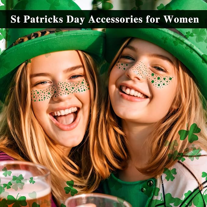 MEICOLY St Patricks Day Accessories,Leaf Face Sticker Costume,St Patricks Day Temporary Tattoos for Kids Women,Clover Shamrock Stickers,Green Makeup Tattoo,Green Freckles Face Tattoo,6Pcs,2 Styles