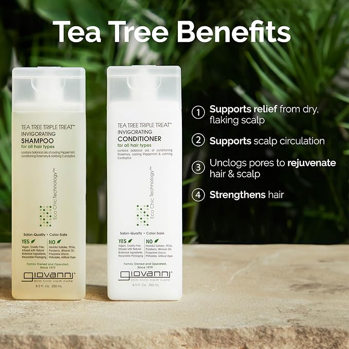 GIOVANNI Tea Tree Triple Treat Invigorating Shampoo & Conditioner Set - Cooling Peppermint, Eucalyptus, Rosemary, Helps Dry, Flaky Scalp, Salon Quality, Vegan, Cruelty Free, Paraben Free - 24 oz Each