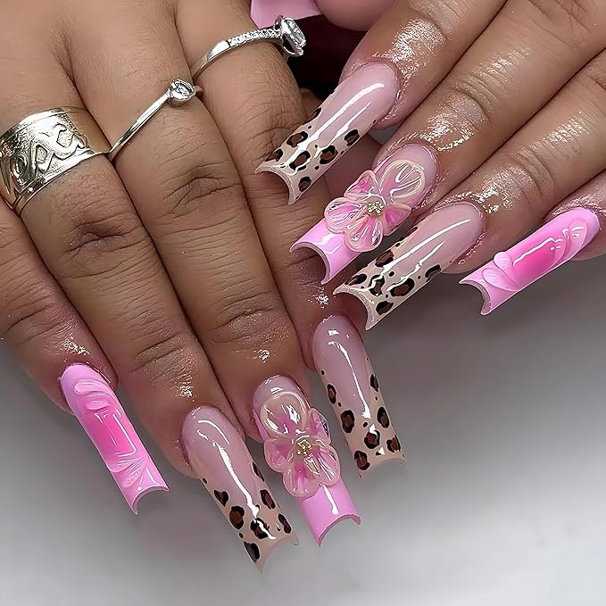 BABALAL Hot Pink Press on Nails Brown Cheetah French Tip Glue on Nails 3D Texture Flower Handmade Acrylic Nails Y2k Gyaru False nails 24Pcs Squoval Manicure Stick on Nails Full Cover Artificial Nails