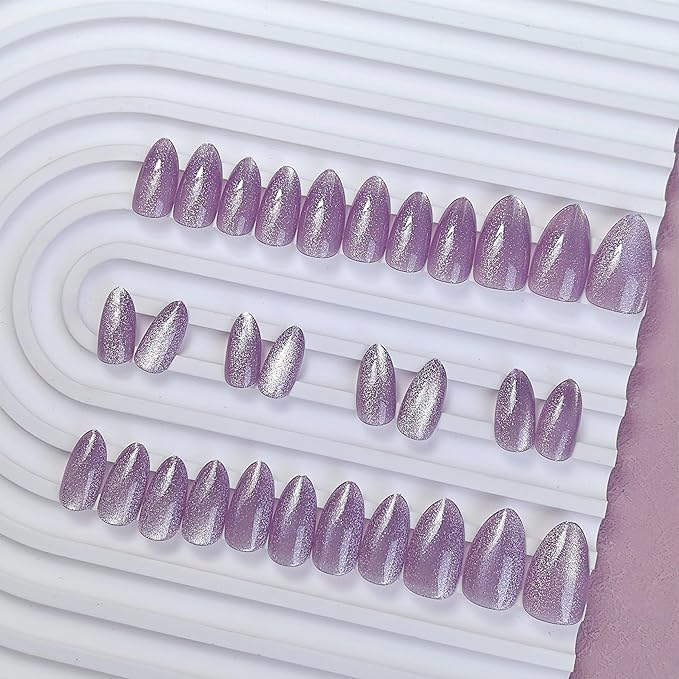KQueenest Cat Eye Press On Nails Short, Acrylic Press On Nails Almond, Sparkle Pastel Lilac Fake Nails With Glue, Recycled Soft Gel Glue On Nails for Woman, Long-Lasting Glitter Effect, 30 Pcs