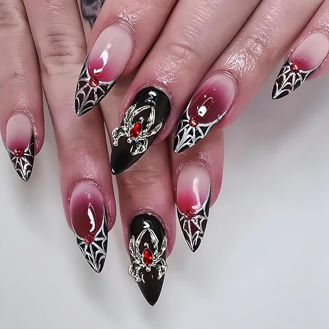 24 Pcs Goth Almond Press on Nails Halloween Fake Nails Black Red Gradient False Nails with Red Diamond Spider Web 3D Spider Design Handmade Nails Ombre Gothic Acrylic Nail Glue on Nail for Women