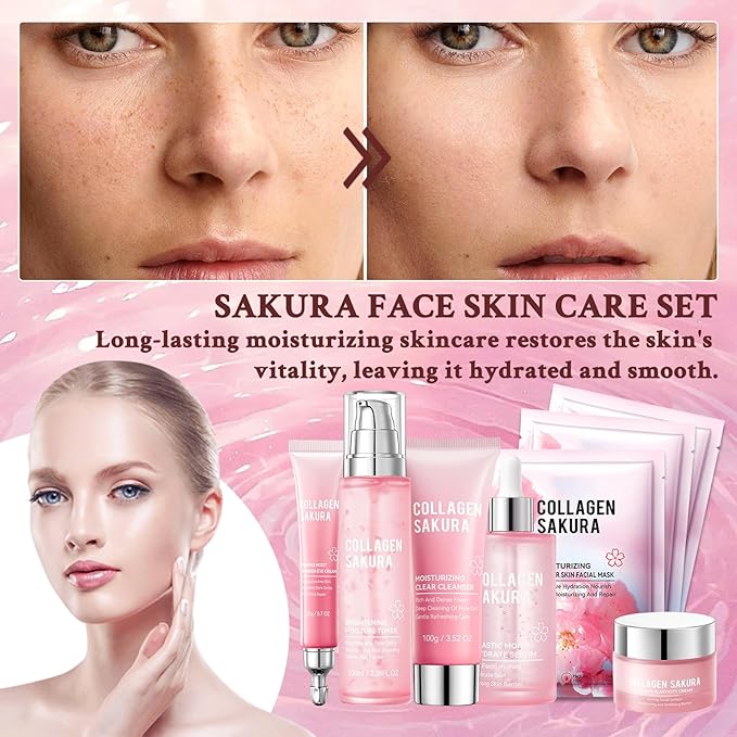 8PCS Sakura Skin Care Set,Moisturizing Skincare Kit with Face Cleanser,Facial Cream,Toner,Facial Serum,Face Masks and Eye Cream,Refreshing Hydrating Skin Care Gift Set for Women