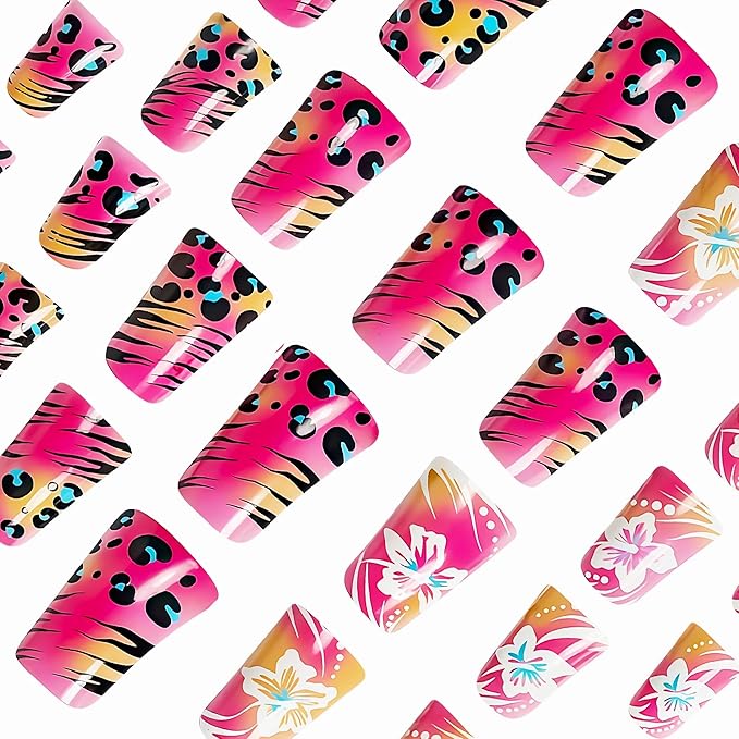 BABALAL Duck Nails Press on Fake Nails Hot Pink Glue on Nails Cheetah Y2k Acrylic Nails Hottie Gyaru False Nails with Flower Design 24Pcs Glossy Manicure Duck Bill Stick on Nails for Women Girls