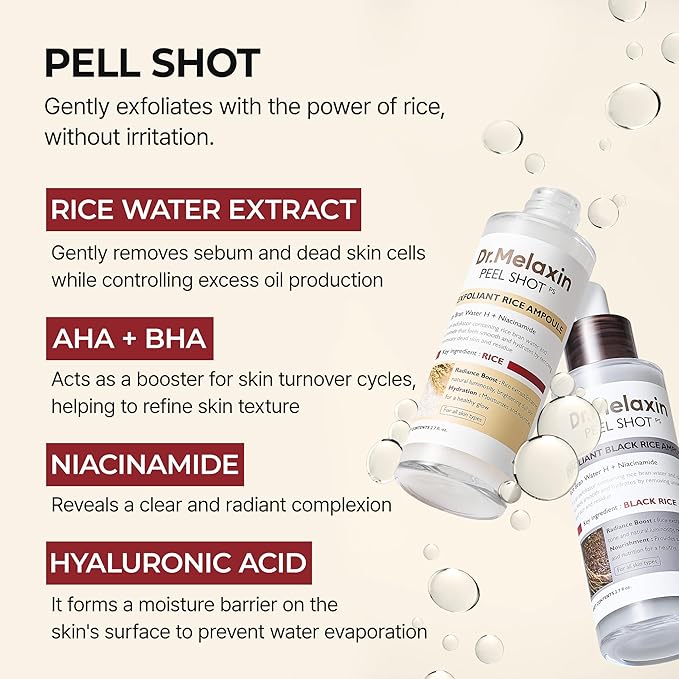 Dr.Melaxin Peel Shot Glow White and Black Rice Ampoule Duo, Soft Exfoliating Face and Body Scrub Dead Skin Cells, Blackheads Remover for All Skin Types