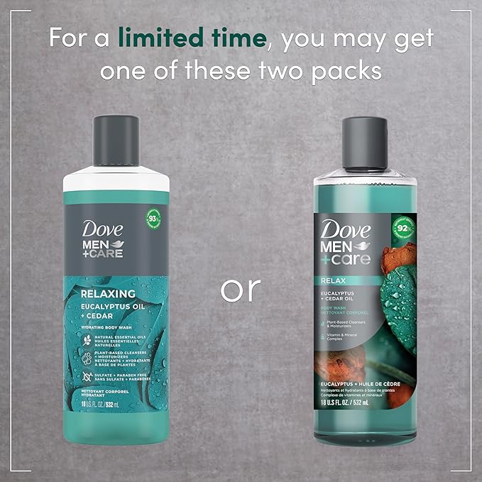 DOVE MEN + CARE Body 4 Count Wash Eucalyptus + Cedar Oil to Rebuild Skin in the Shower with Plant-Based Cleansers and Moisturizers 18 oz