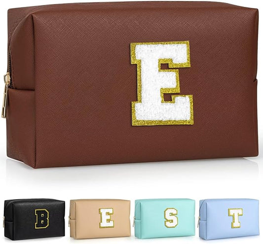 TOPEAST Monogrammed Gift for Women Girls, Personalized Initial Makeup Bags Cosmetic Bag with Zipper, Cute Makeup Pouch, PU Leather Waterproof Toiletry Bag, Preppy Gifts Stuff for Girl (Brown E)