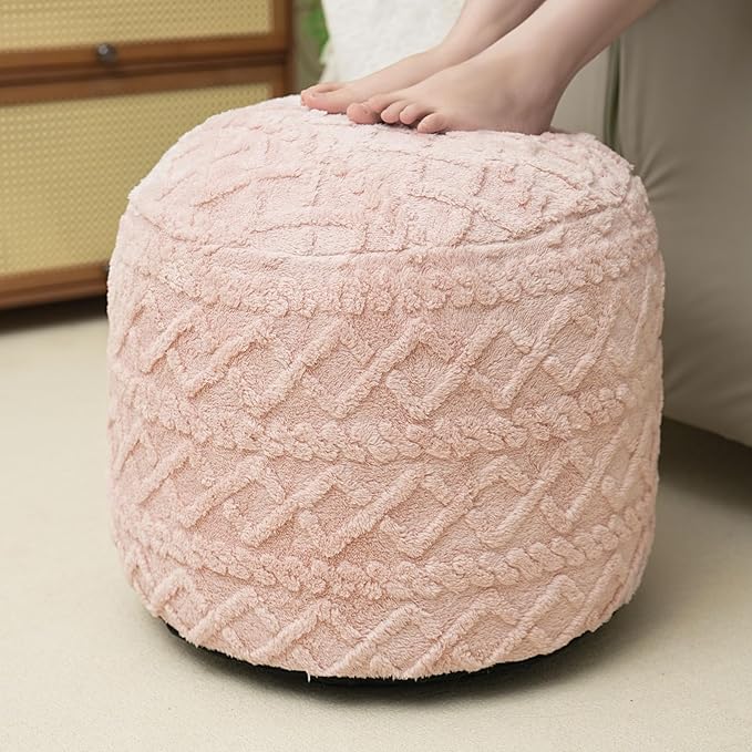 Round Stuffed Pouf Ottoman for Foot Rest, Faux Fur Poufs with Foam Chunk Filling, Storage Ottoman Pouf Foot Stool Cushion, 20 X 15 InchFloor Poufs Foot Rest for Living Room Bedroom Home Decor (Pink)