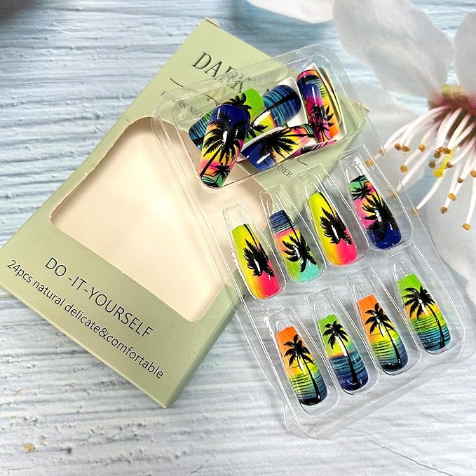 Black Coconut Tree Press on Nails Long Length Colorful Fluorescence Acrylic Nail Full Cover Glossy Ballet Shaped Artificial Stick on Nail Beach Artificial Fingernails DIY Glue on Nails for Women 24Pcs