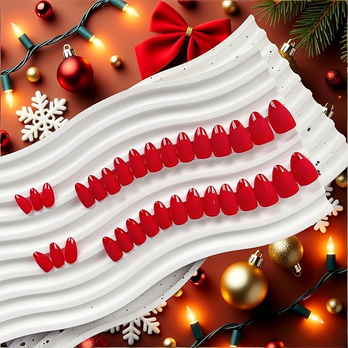 Light Red French Tip Press on Nails Short Almond Nails Press ons, Short Fake Nails with Matte Finish, Brighter French Glue on Nail False Nail for Women Fall Winter, in 32 Pcs 16 Sizes