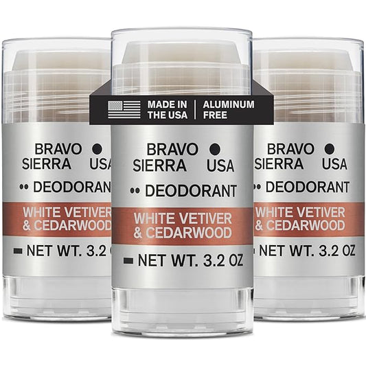 Aluminum-Free Deodorant for Men by Bravo Sierra, 3-Pack-Contains Natural Ingredients–Long Lasting All-Day Odor and Sweat Protection-White Vetiver & Cedarwood, 3.2 oz-Paraben-Free, Vegan & Cruelty-Free