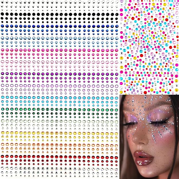 1575 Pieces Eye Face Gems Self-Adhesive Rhinestone Stickers for Makeup, Rainbow Glitters Jewels Face Stickers, for DIY Nail Body Accessories