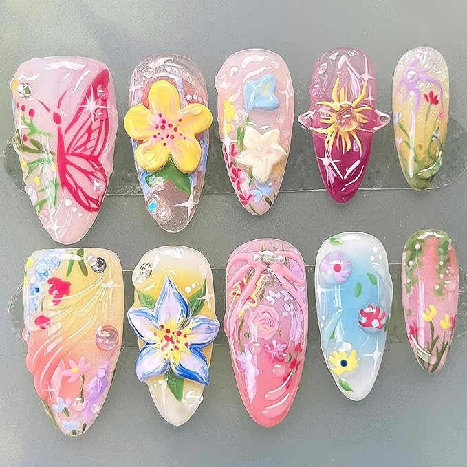 30Pcs Handmade Press on Nails Medium Almond Fake Nails 3D Flower False Nails with Pearl Rhinestones Design Summer Glue on Nails Cute Colorful Floral Acrylic Nails Full Cover Artificial Nails for Women