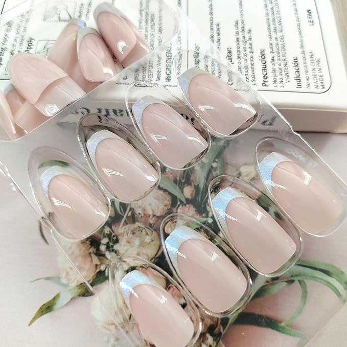 Coffin Press on Nails Short Fake Nails with Glue Simple French Tip Designs Glitter French Glue on Nails Press ons Pink Full Cover Acrylic False Nails for Women 24 Pcs