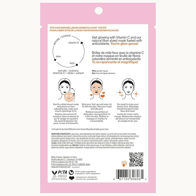 Pacifica Glow Baby Brightening Vitamin C Face Mask 4-Pack – Hydrating Serum-Soaked Sheet Mask for Glowing Skin, Fights Dullness & Dark Spots, Infused with Aloe & Kelp, 100% Vegan & Cruelty-Free
