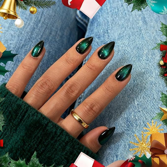 KQueenest Cat Eye Press On Nails Short Almond, Christmas Press On Nails with Glue, Sparkle Turquoise Green Black Fake Nails Stiletto, Soft Gel Glue On Nails for Woman with Glitter Effect, 30 Pcs