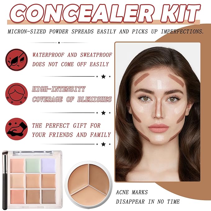 12 Colors Correcting Concealer Palette Kit with Brush,Cream Makeup Contour Palette for All Skin Type,Color Corrector Concealer Foundation Palette for Conceals Dark Circles & Blemish