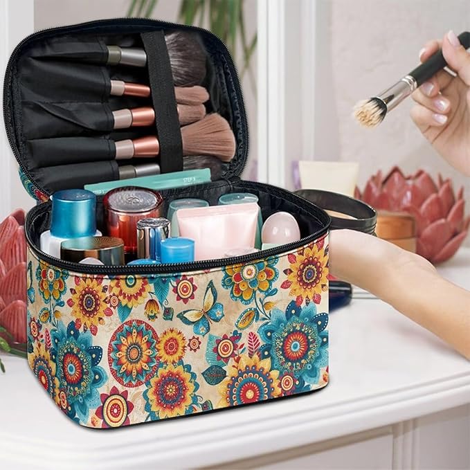 Boho Style Mandala Butterfly Pattern Travel Makeup Bags for Women Portable Tote Cosmetic Case with Carry Handle Toiletry Accessories Storage Organizer Bags